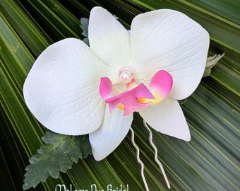 Pair Bridal Orchid Hair Pins, Tropical flower hair accessory, Hawaiian hair flower, Wedding headpiece, Beach wedding, bridal hair clips