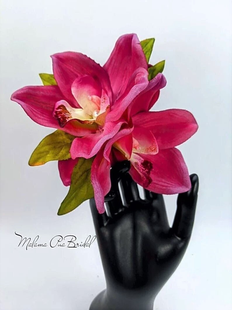 Silk Orchid Tropical Hair Clip with Pearls and tropical leaves