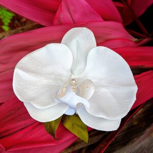 BRIDAL HAIR FLOWER, Hawaiian White Orchid, Tropical Hair Clip, Silk Flower, Wedding Accessory, Flower Headpiece, Pearl Center, Beach Wedding