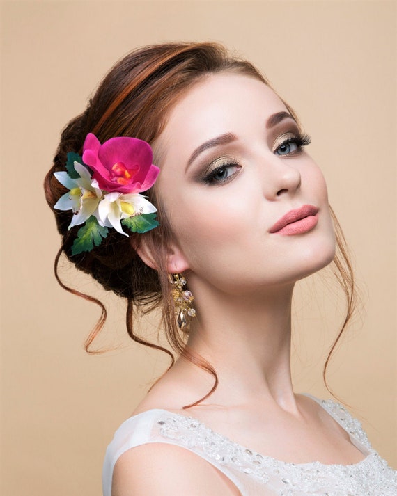 Wedding Hair Flower Hair Accessory Fuchsia and White Orchid - Etsy Wedding Hair Flower Hair Accessory Fuchsia and White Orchid - Etsy