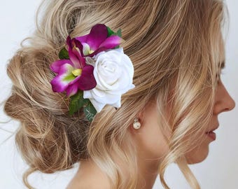Wedding Hair clip, Silk Orchid & Rose, Bridal Hair comb, Tropical hair flower, Bridal headpiece, Wedding hair piece, Hawaiian flower, Beach