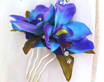 Blue Orchid Hair comb, Bridal hair comb, Tropical Hair Flower, wedding Headpiece, Custom Hair accessory, Beach wedding, fascinator,hair clip