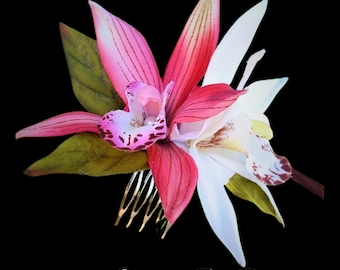 Silkesorkidé hårkam, brudhårkam, bröllopshuvudbonad, tropiskt hårtillbehör, brudhuvudbonad, hawaiisk hårblomma, fascinator