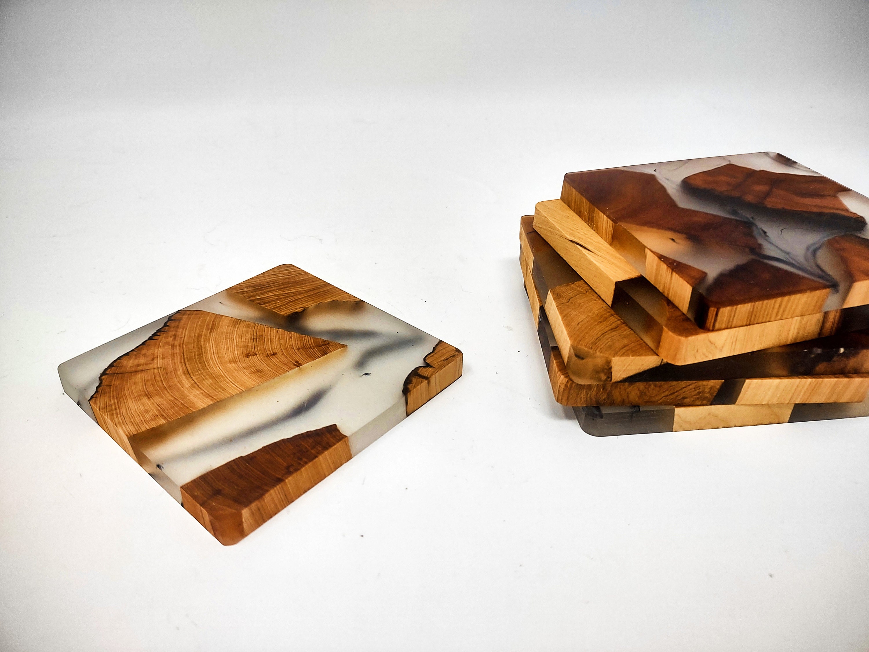 Set of 4 Handcrafted Oak Wood & Rust Epoxy Resin Coasters Drink