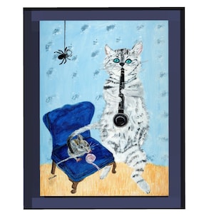 May include: A white and gray cat plays a clarinet while a small gray mouse sits in a blue chair with a pink ball of yarn. A black spider hangs from the ceiling above the cat.