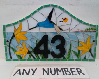 Hummingbird Coloured Glass Mosaic House Number Plate Plaque Sign