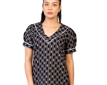 Women's Blouse - Black White Striped, V Neck, Puff Sleeve, Geometric print, Puff sleeves, Cotton Tunic, Tunics for women, plus size, curvy