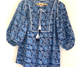 Women's Tunic - Indigo and White Floral Print Cotton, Tie Strings, 3/4th Bishop Sleeve, Hip Length Tunic, Bohemian Style Womens Blouse