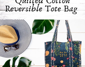 Quilted Cotton Reversible Tote Bag - Botanical Black, Everyday Bag, 16x16x5, Unisex Reusable Fabric Shopper Bag,  Large Fabric Bag