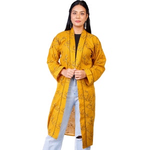 House Coat Womens - Kimono Robe, Resort Wear, Lounge Wear, Beach Cover up, Yellow , Black and gold   Print, Light Weight Not Transparent