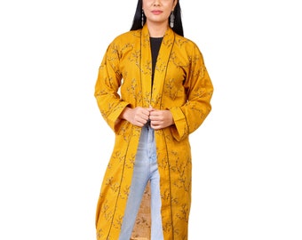 House Coat Womens - Kimono Robe, Resort Wear, Lounge Wear, Beach Cover up, Yellow , Black and gold   Print, Light Weight Not Transparent