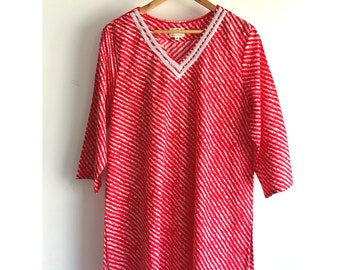 Women's Tunic Red and White Leheriya Print, Cotton Kurti curved V neck OR U, long sleeves, Long Kurti, Kurta, Tunics for women, plus size