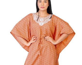 Kaftan Maxi Gown, Beach Caftan Dress, Daily wear, white border and orange print, Resort and Lounge Wear, Light Weight Not Transparent