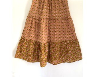 Tiered Skirt - Boho Gypsy Beige brown buti + side pocket, Indian Cotton floral Print, casual wear for women, different sizes available