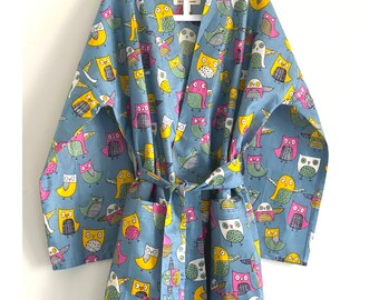 Kids Unisex Robe, Dressing Gown for Children, Pool and Beach Cover up, Baby Robes, Hand Block Quirky Owl Print, with matching bag