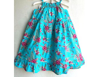 Girls Sun Swing Dress - Turquoise print Cotton, Girls Tier Dress,  hand block printed girls dress