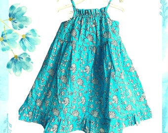 Girls Sun Swing Dress - Turquoise print Cotton, Girls Tier Dress,  hand block printed girls dress