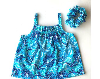 Girls Summer Tank Top, Woven Cotton strap top with matching or coordinating Hair Scrunchie , Blue Floral Block Printed Cotton, Lightweight