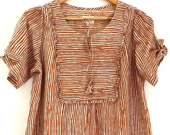 Women's Tunic - Frill yoke Knot Sleeve, Brown and white stripes