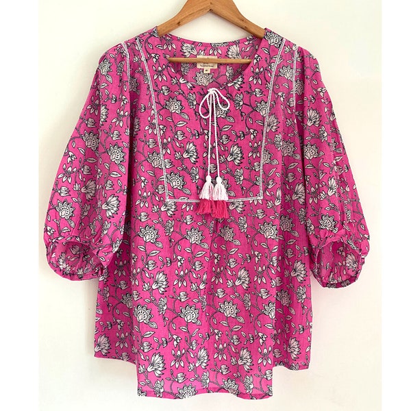 Women's Tunic - Pink and White Floral Print Cotton, Tie Strings, 3/4th Bishop Sleeve, Hip Length Tunic, Bohemian Style Womens Blouse