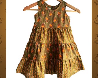 Girl Tier Dress - Henna green yellow Print Cotton Dress