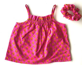 Girls Swing Top Outfit, Summer Strap Blouse, Matching / coordinating Hair Scrunchie , Woven Top in pink Floral Printed Cotton, Gift for girl
