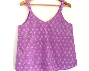 Womens Woven Sleeveless Tank Top, Cotton Blouse, Buti Print on Light Purple Top, Relaxed Fit everyday summer top for women, gift for her