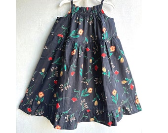 Girls Sun Swing Dress - Black ditsy floral print  Cotton, Girls Tier Dress,  hand block printed girls dress