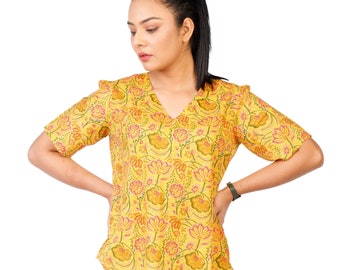 Women's Tunic - Yellow and pink  Floral Print Cotton, Tie Strings, Half Sleeve, Hip Length Tunic, Bohemian Style Womens Blouse