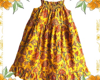 Robe évasée soleil pour fille - Coton imprimé floral, combinaison de couleurs moutarde