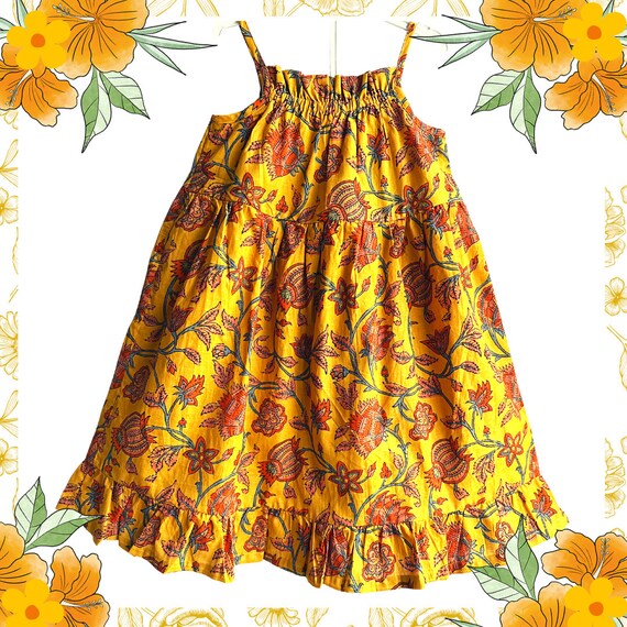 Girls Sun Swing Dress All Over Floral Print Cotton Mustard Color Combination Etsy