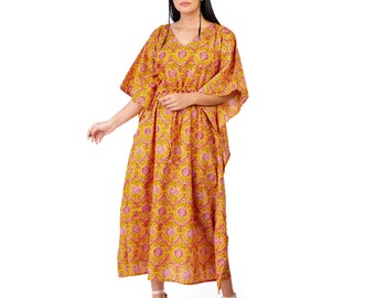 Kaftan Maxi Gown, Beach Caftan Dress, Daily wear, yellow and orange floral Pattern, Resort and Lounge Wear, Light Weight Not Transparent