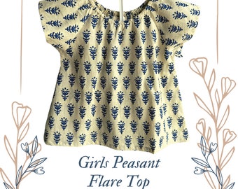 Haut Paysan Fille - Ecru + Indigo Buti, Manches Raglan Flare