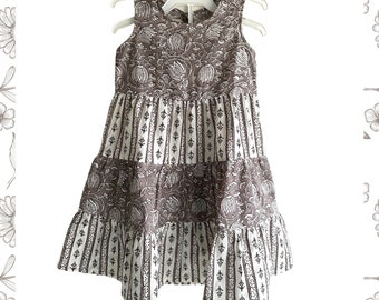 Girls Tier Dress - Brown white Floral Print Artisan Dress