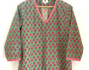 Women's Tunic  green Pink Floral Block Print, Cotton Kurti  curved V neck OR U, long sleeves, Long Kurti, Kurta, Tunics for women, plus size