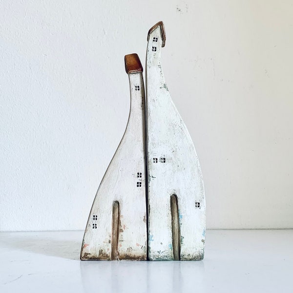 Set of two ceramic/ clay houses in white. For rustic, minimalist home decor or as housewarming gift. One of a kind.