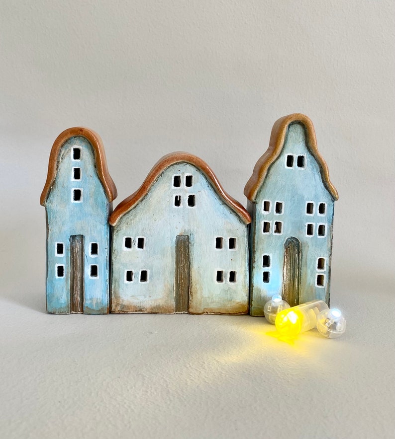 Set of three Luminary Christmas Ceramic Houses Housewarming Decoration image 3