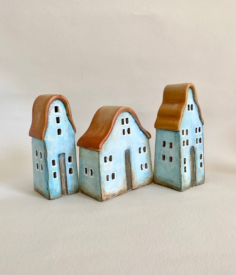 Set of three Luminary Christmas Ceramic Houses Housewarming Decoration image 5