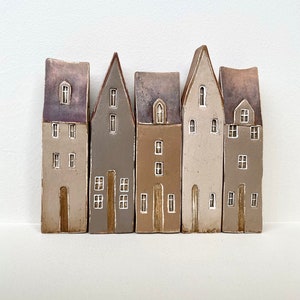 Set of Five Miniature Ceramic Rustic Houses, Dressed in Brown  Shades