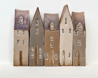Set of Five Miniature Ceramic Rustic Houses, Dressed in Brown  Shades