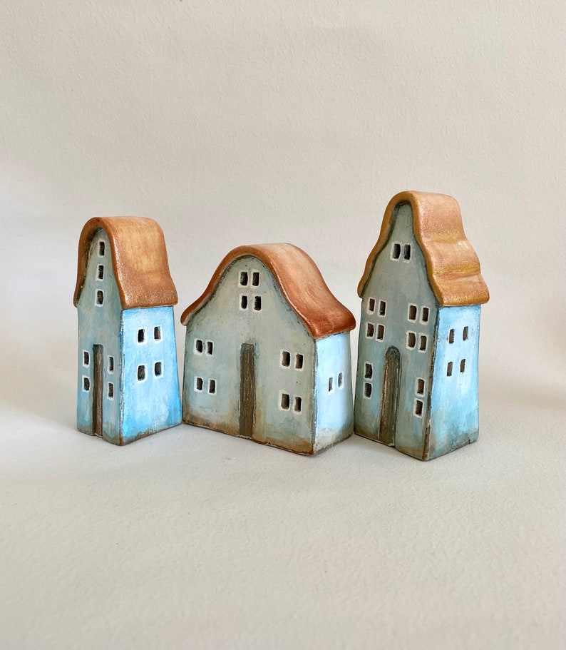 Set of three Luminary Christmas Ceramic Houses Housewarming Decoration image 4