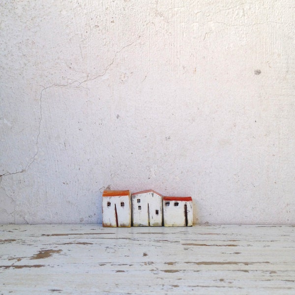 set of 3 ceramic houses , made in high fired stoneware clay, painted with acrylic colors