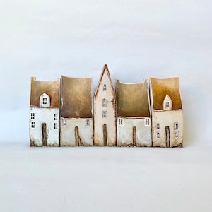 Set of Five Miniature Ceramic Rustic Houses, Dressed in Pastel Shades