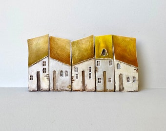 Set of Five Miniature Ceramic Rustic Houses With Yellow Shaded Roofs