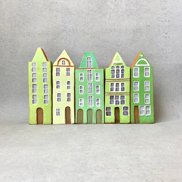 Set of Five Green-Shaded Town Houses with Exquisite Decorative Gables.
