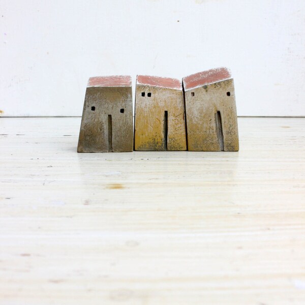 set of 3 ceramic houses , made in high fired stoneware clay, painted with acrylic colors