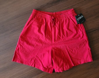 Vintage 1990s/90s cherry red Erika Shorts. Women's medium/large. Elastic 30 - 36 inch waist. NWT, dead stock vintage. Camp shorts.