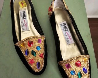 Vintage 80s Womens Black Valvet Bejeweled Flats Womens 5.5 Frankie & Baby 1980s Beverly Feldman