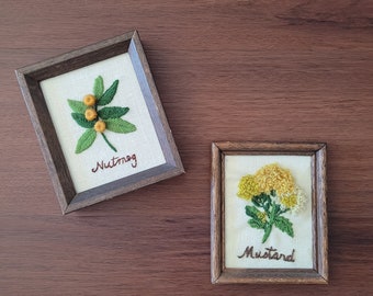 Vintage 1970s/70s handmade herbal pictures. Hand sewn mustard & nutmeg bohemian kitchen/home decor. Mid century boho wall hanging framed art