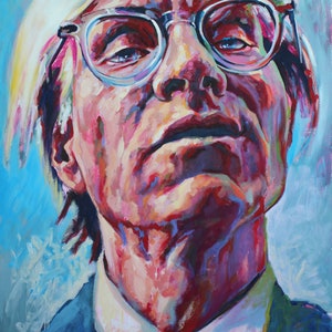 May include: An oil painting portrait of a man with white hair and glasses, looking up. The artwork features a vibrant color palette of blues, pinks, and reds. The man is wearing a suit and tie. The artist's signature and the year 2012 are visible.